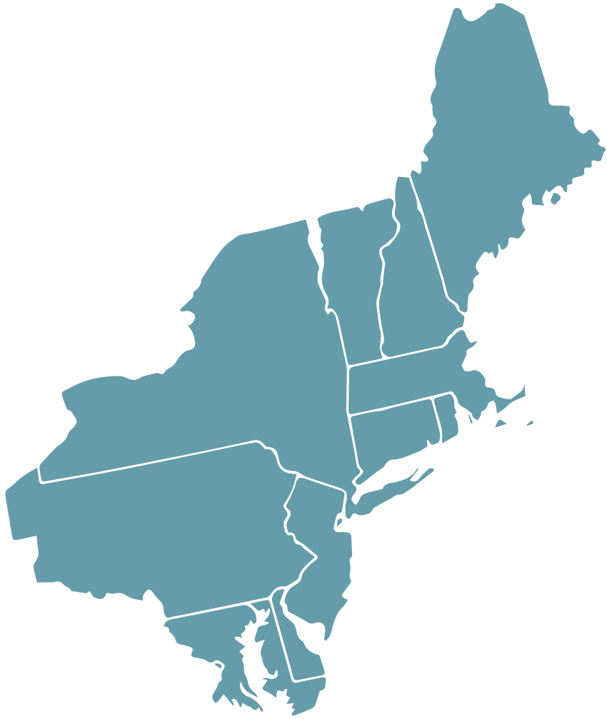 Map of the Northeast Regional Food Business Center's territory, including Maine, New Hampshire, Vermont, Massachusetts, Rhode Island, Connecticut, New York, Pennsylvania, New Jersey, Delaware, and Maryland